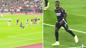 bukayo saka semble rire devant les visages des supporters de.jpg